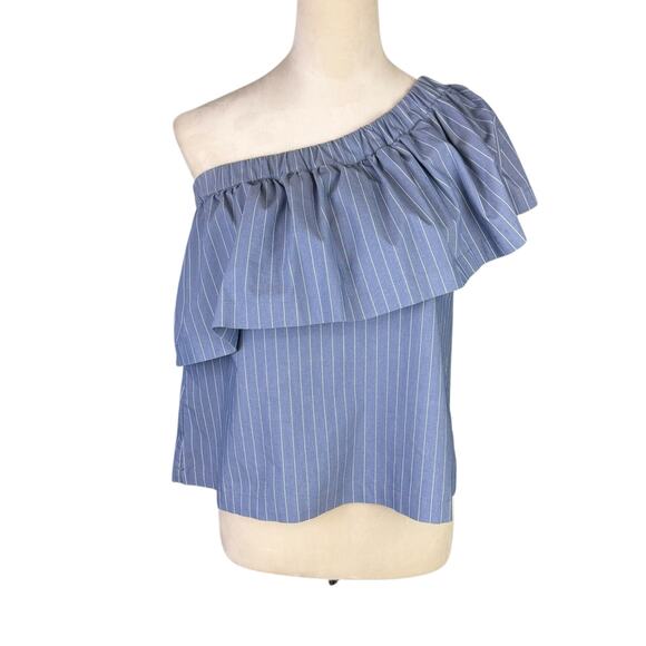 Koch Blue Pinstripe One Shoulder Ruffle Blouse Top Matching Shorts Two Piece Set - Picture 2 of 11